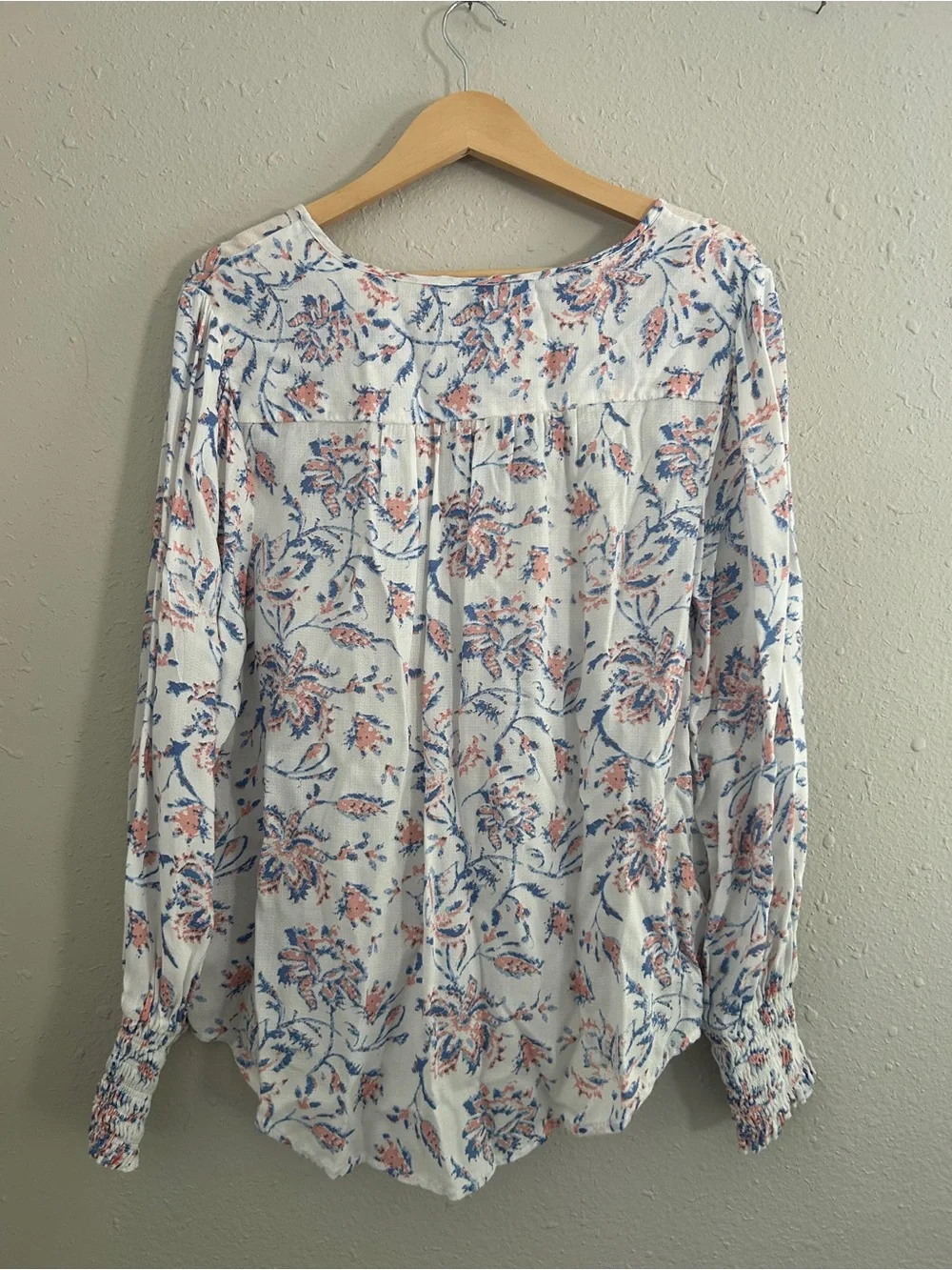 Lucky Brand White Floral Tie-Front Peasant Blouse Floral Boho Bohemian Large
